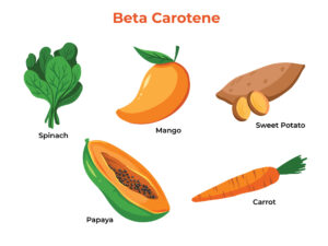 sets of fruits and vegetables that contains beta carotene or source of vitamin a educational food information for healthy lifestyle illustration collection with cartoon flat art style colored vector | Ăn Chay, Thuần Chay, Quán Chay & Nhà Hàng Chay